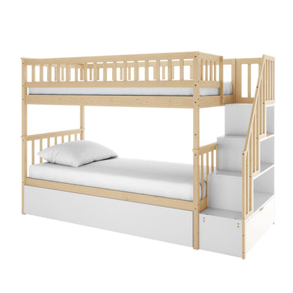 Jessica Solid Wood Staircase Storage Bunk Bed in Natural features two sleeping levels with slatted guardrails, a staircase with storage shelves and drawers, and a white panel base, highlighting functional elegance.