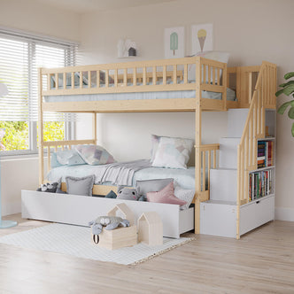 Jessica Solid Wood Staircase Storage Bunk Bed in Natural with built-in staircase shelves, safety rails, under-bed trundle with toys, and pastel bedding, set in a bright, modern children’s room.