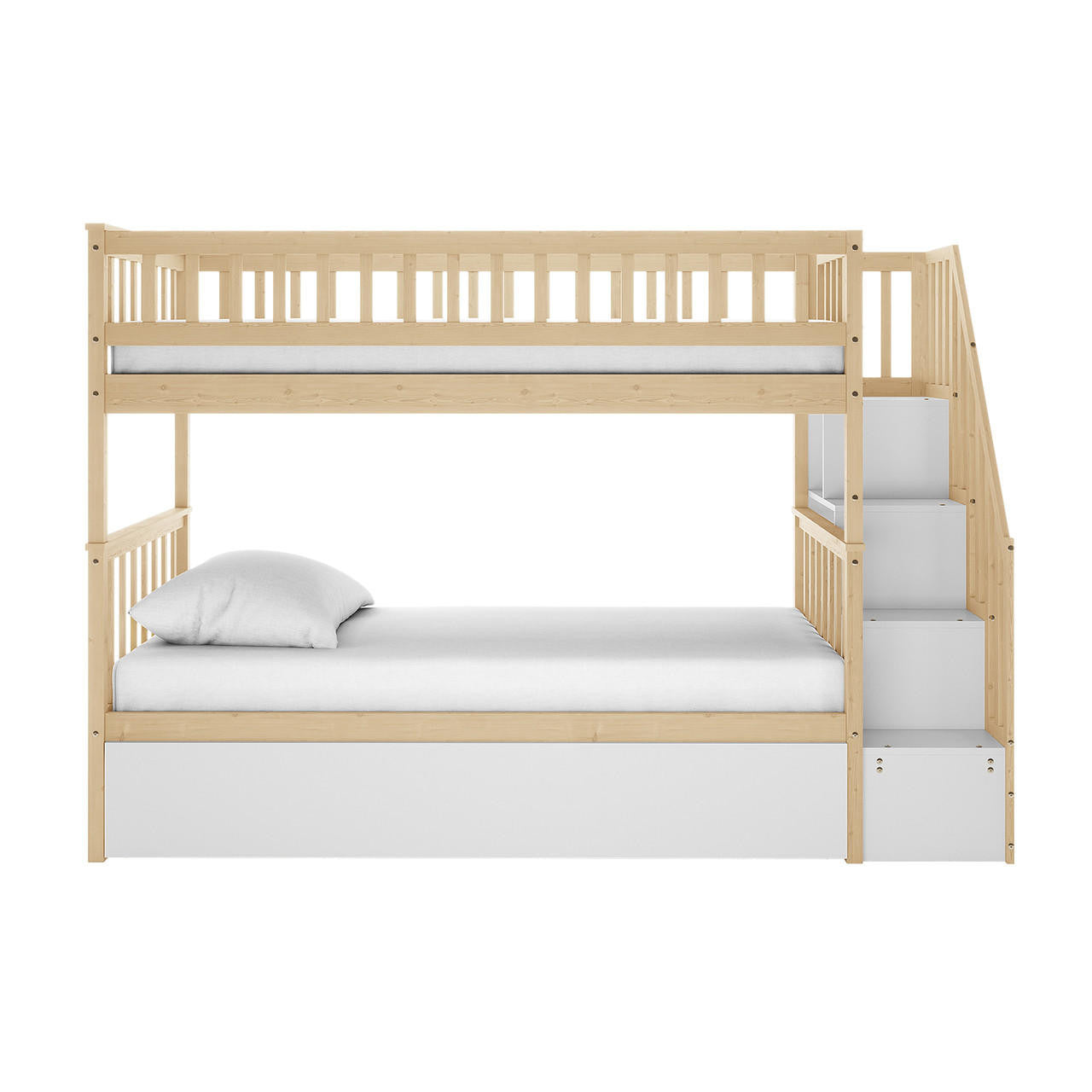 Jessica Solid Wood Staircase Storage Bunk Bed in Natural featuring a two-tier design with a guardrail, stepped ladder with storage shelves, and a white base that could be a trundle or drawer.