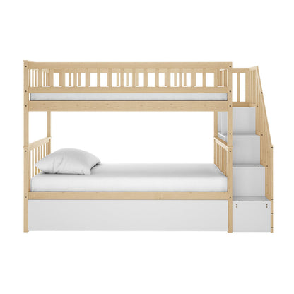Jessica Solid Wood Staircase Storage Bunk Bed in Natural featuring a two-tier design with a guardrail, stepped ladder with storage shelves, and a white base that could be a trundle or drawer.