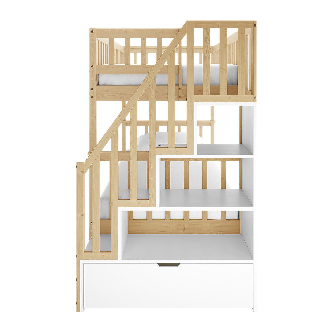 Jessica Solid Wood Staircase Storage Bunk Bed in Natural features a wooden bunk-bed unit with built-in stairs and storage. Left side has a stepped staircase; right side offers open shelves and a large pull-out drawer below.