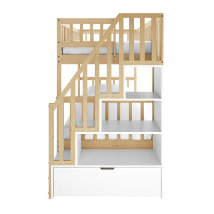 Jessica Solid Wood Staircase Storage Bunk Bed in Natural features a wooden bunk-bed unit with built-in stairs and storage. Left side has a stepped staircase; right side offers open shelves and a large pull-out drawer below.