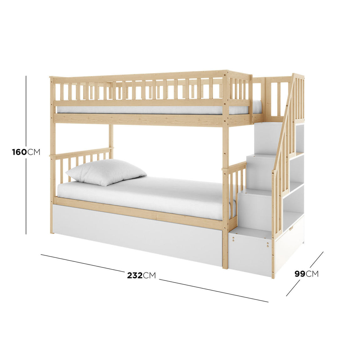 Jessica Solid Wood Staircase Storage Bunk Bed in Natural, featuring twin-over-twin design, safety railings, built-in staircase with shelving, and a pull-out trundle drawer beneath the lower bunk, crafted from light-finished pine wood.