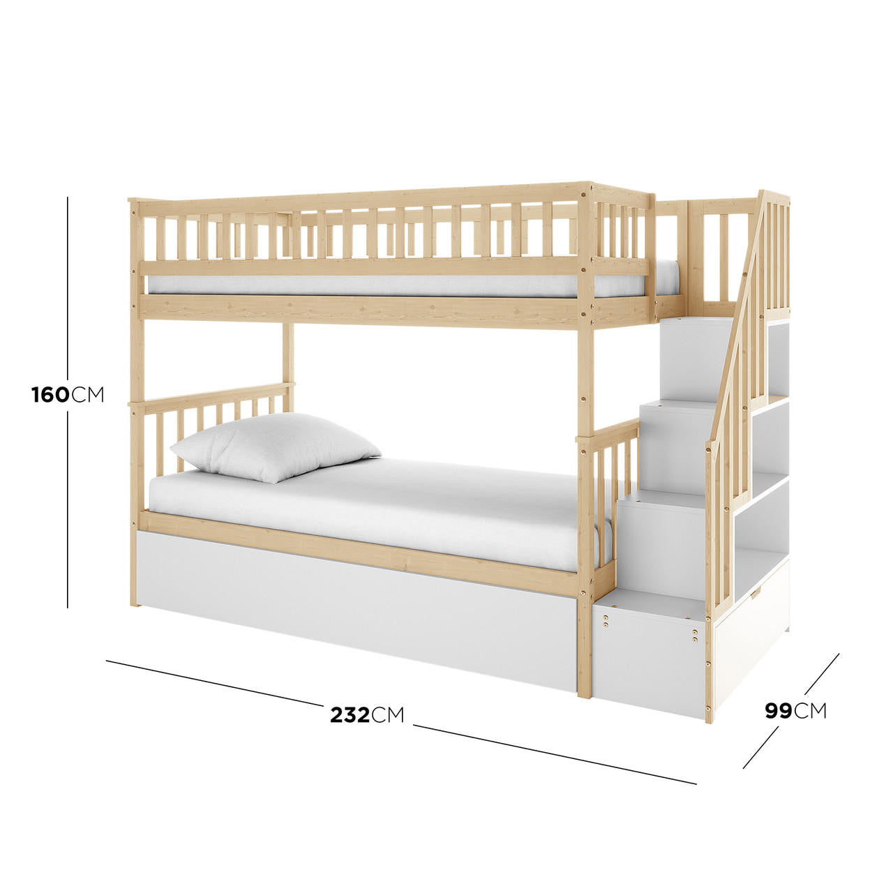 Jessica Solid Wood Staircase Storage Bunk Bed in Natural, featuring twin-over-twin design, safety railings, built-in staircase with shelving, and a pull-out trundle drawer beneath the lower bunk, crafted from light-finished pine wood.