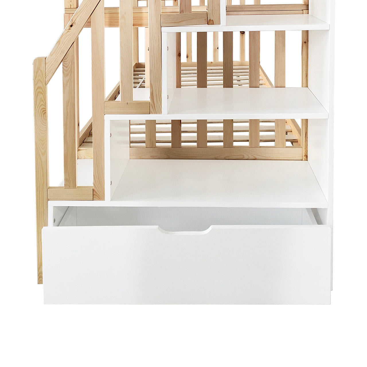 Jessica Solid Wood Staircase Storage Bunk Bed in Natural features staggered cubby-style step shelves and a wide pull-out drawer, showcasing a functional and stylish children’s bunk bed design.