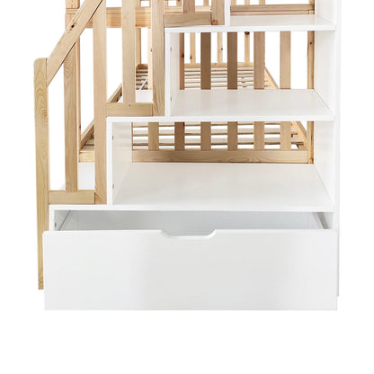 Jessica Solid Wood Staircase Storage Bunk Bed in Natural features staggered cubby-style step shelves and a wide pull-out drawer, showcasing a functional and stylish children’s bunk bed design.