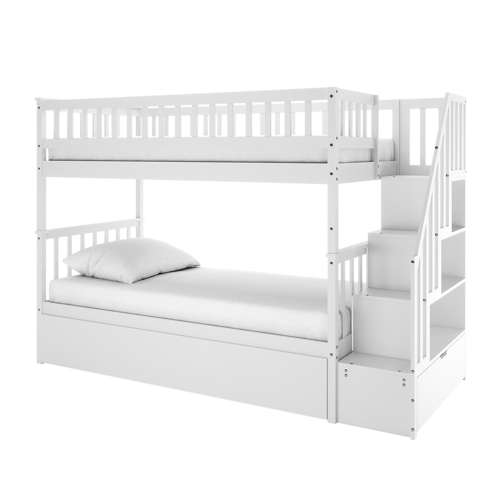 Jessica Solid Wood Staircase Storage Bunk Bed in White features two bunks with guardrails, a built-in staircase with storage shelves, and an under-bed drawer, offering a space-saving, functional design.