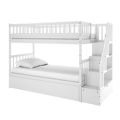 Jessica Solid Wood Staircase Storage Bunk Bed in White features two bunks with guardrails, a built-in staircase with storage shelves, and an under-bed drawer, offering a space-saving, functional design.