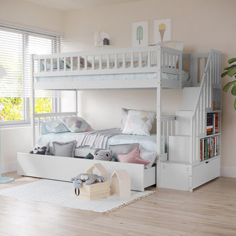 Jessica Solid Wood Staircase Storage Bunk Bed in White featuring a top bunk with safety railing, daybed below, storage staircase with shelves, and a large pull-out drawer for toys and pillows.