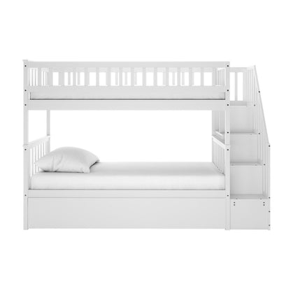 Jessica Solid Wood Staircase Storage Bunk Bed in White features a two-tier design with top bunk guard rails, a storage staircase with boxed steps, and a lower bunk with a drawer underneath.