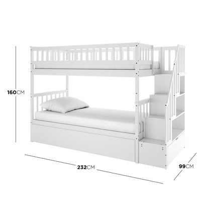 Jessica Solid Wood Staircase Storage Bunk Bed in White features a two-tier design with safety rails, staircase with shelving, and a large pull-out drawer, providing stylish and functional children's bedroom furniture.