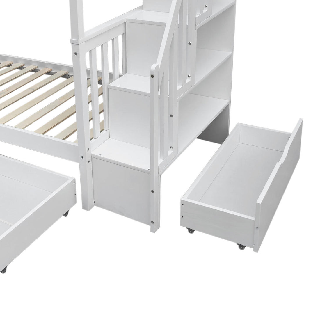 Jessica Solid Wood Staircase Storage Bunk Bed in White, featuring a stepped storage staircase, pull-out drawers on casters, and wooden slats for mattress support, optimizing space and functionality.