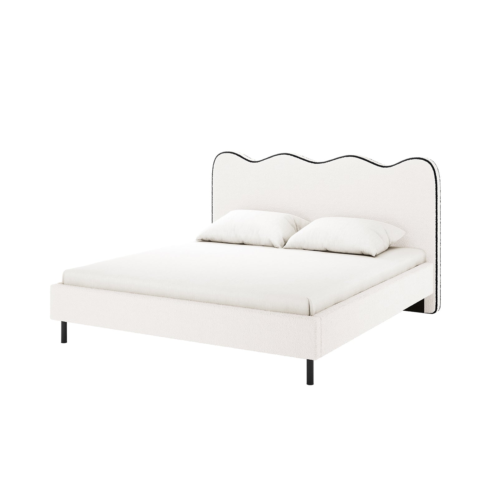 Kaylie Double Boucle Fabric Bed Frame in White & Black featuring a wavy headboard with black trim, low-profile base, black metal legs, and a fitted mattress with two matching pillows.