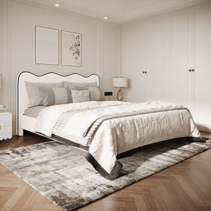 Kaylie Double Boucle Fabric Bed Frame in White & Black features a scalloped headboard, boucle upholstery, and sleek black accents, styled in an elegant, minimalist bedroom with neutral tones.