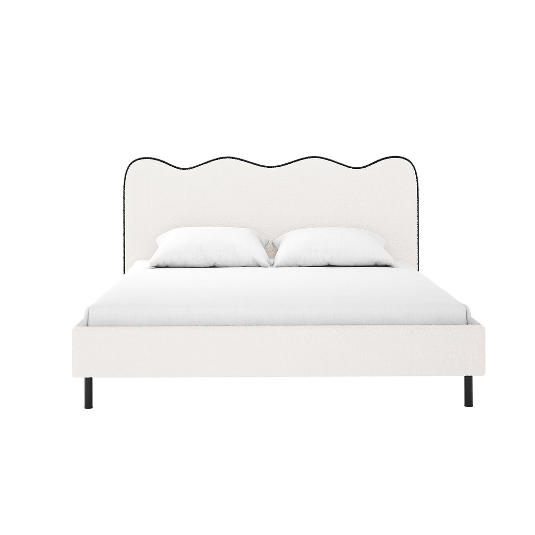 Kaylie Double Boucle Fabric Bed Frame in White & Black features a padded headboard with a wavy top, black-trimmed boucle upholstery, a low platform base on black legs, and includes two pillows.