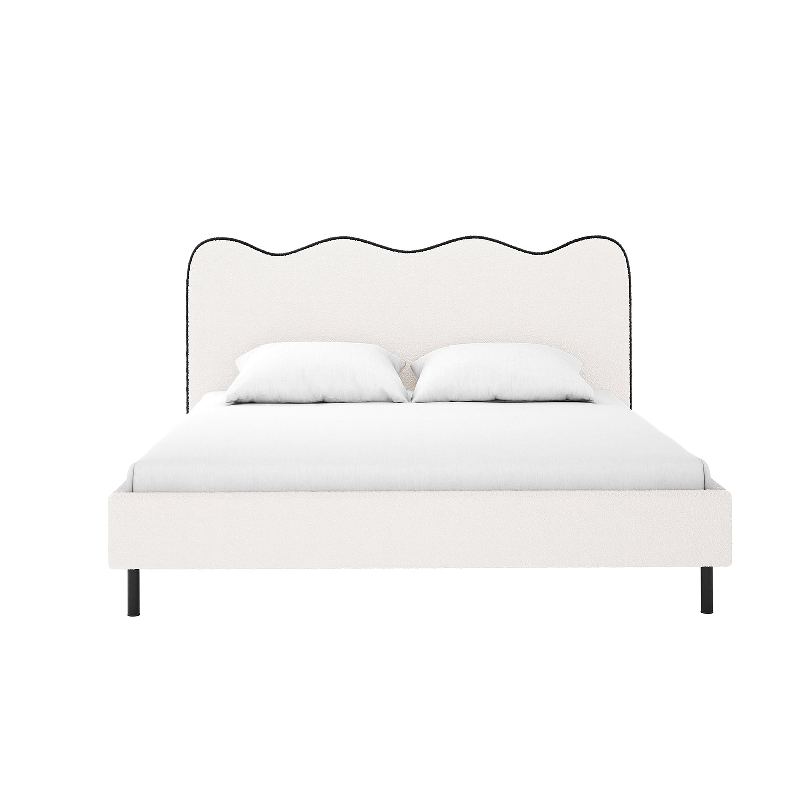 Kaylie Double Boucle Fabric Bed Frame in White & Black features a padded headboard with a wavy top, black-trimmed boucle upholstery, a low platform base on black legs, and includes two pillows.