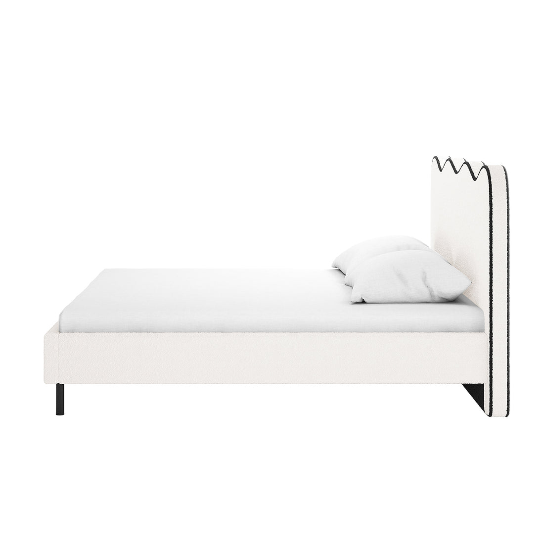 Kaylie Double Boucle Fabric Bed Frame in White & Black, featuring a minimalist upholstered design with scalloped headboard, sleek black legs, and white mattress, for a sophisticated bedroom look.