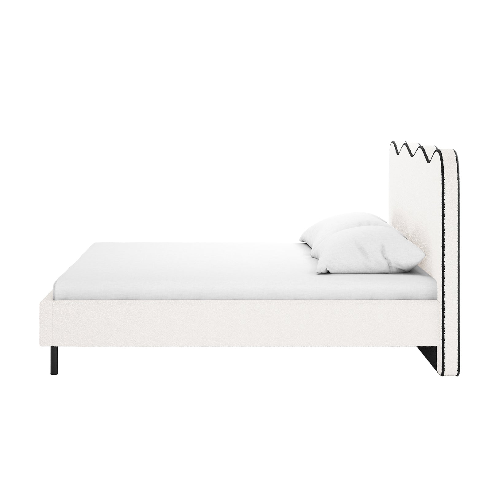 Kaylie Double Boucle Fabric Bed Frame in White & Black, featuring a minimalist upholstered design with scalloped headboard, sleek black legs, and white mattress, for a sophisticated bedroom look.