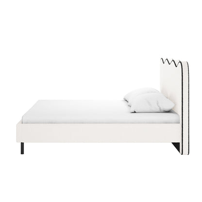 Kaylie Double Boucle Fabric Bed Frame in White & Black, featuring a minimalist upholstered design with scalloped headboard, sleek black legs, and white mattress, for a sophisticated bedroom look.