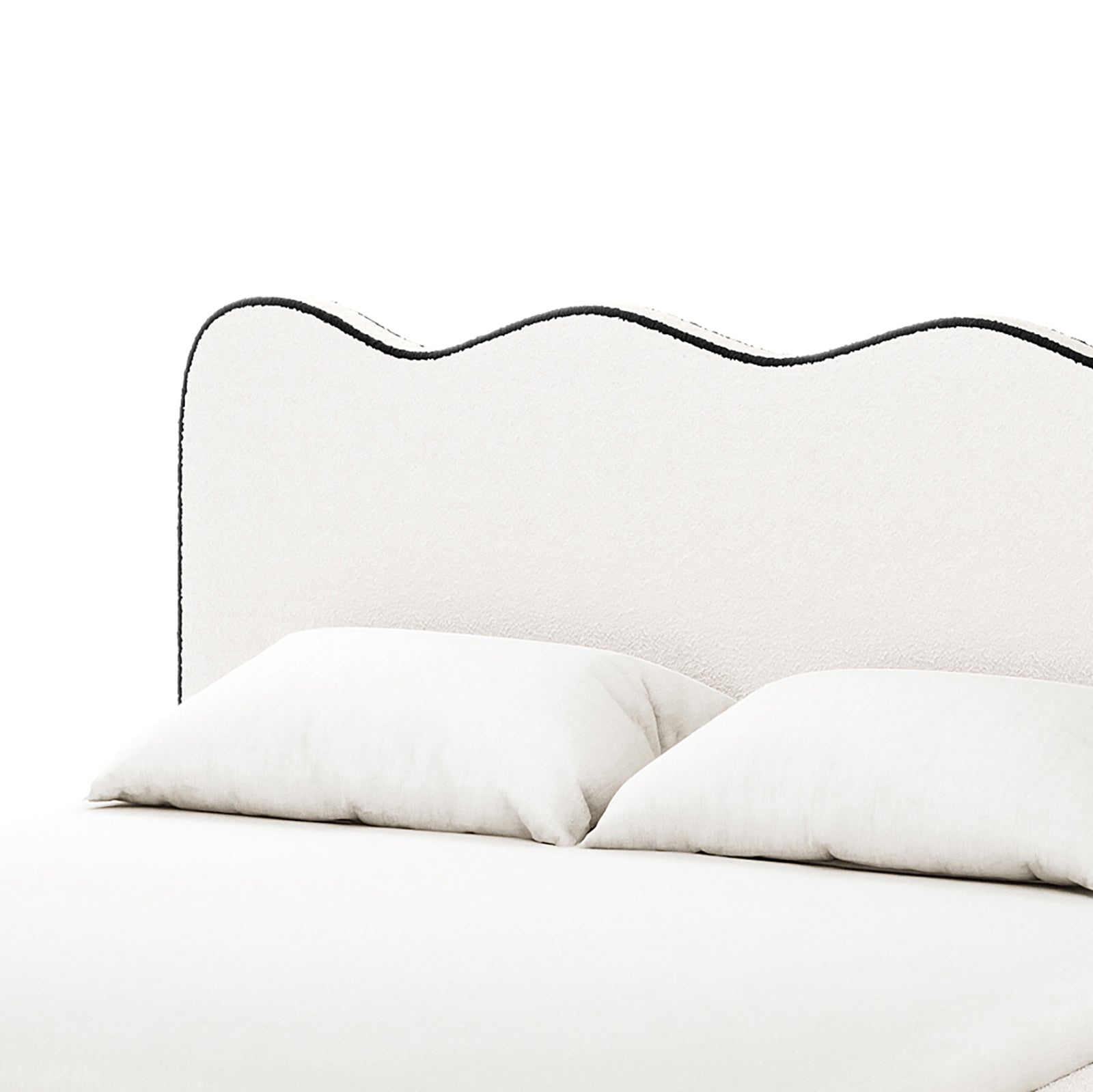Kaylie Double Boucle Fabric Bed Frame in White & Black features a scalloped upholstered headboard with black trim, complemented by white linens and pillows, creating a minimalist, contemporary bedroom aesthetic.