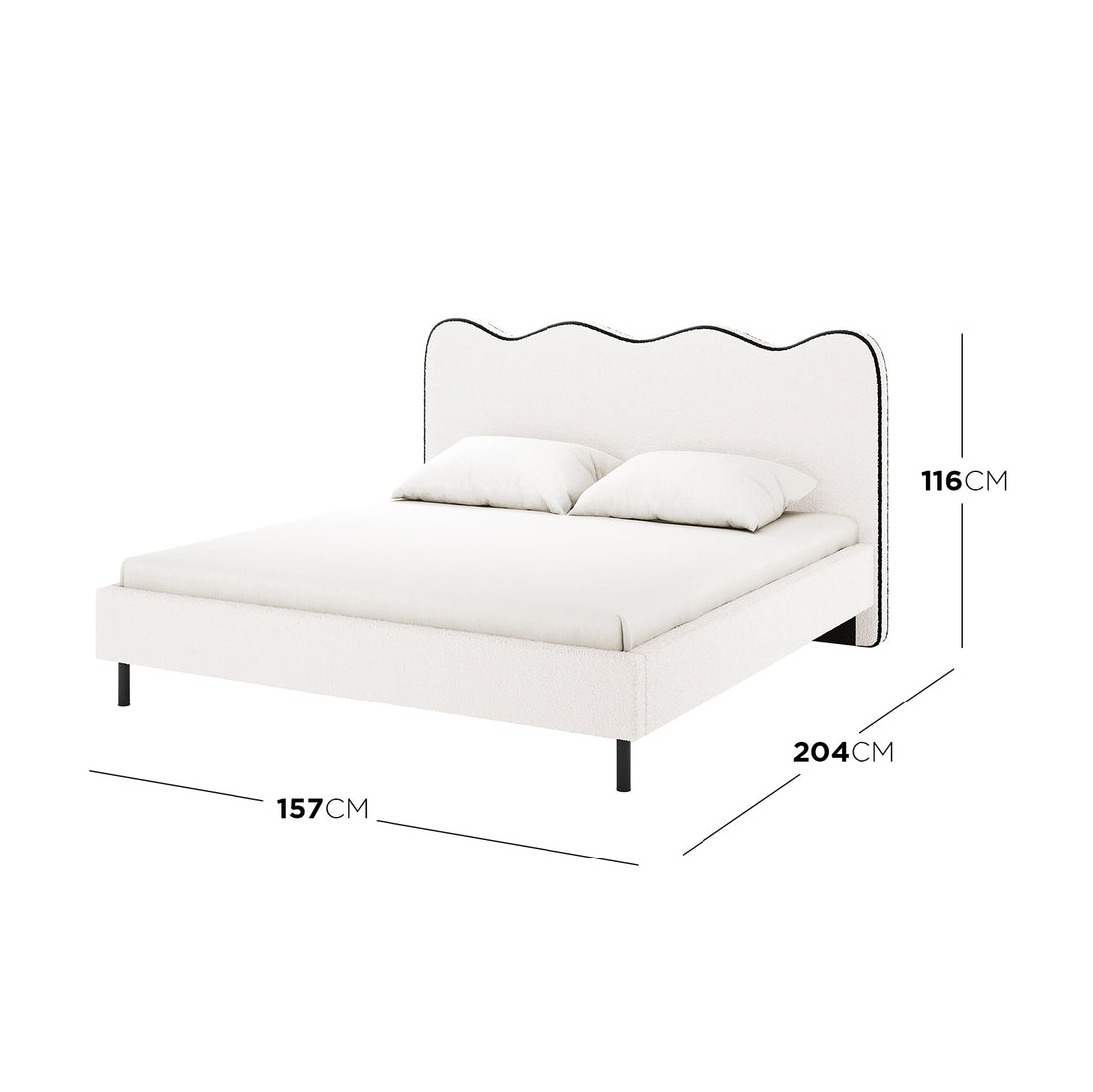 Kaylie Double Boucle Fabric Bed Frame in White & Black features a scalloped headboard, slim black legs, and a mattress with pillows, measuring 157cm wide, 204cm deep, and 116cm tall.