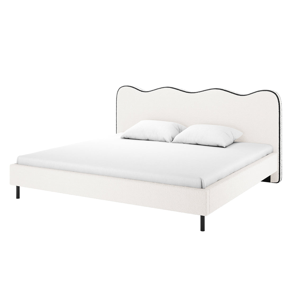 Kaylie King Boucle Fabric Bed Frame in White & Black, showcasing a scalloped upholstered headboard, sleek black metal legs, and a minimalist design with a white mattress and pillows for a modern aesthetic.