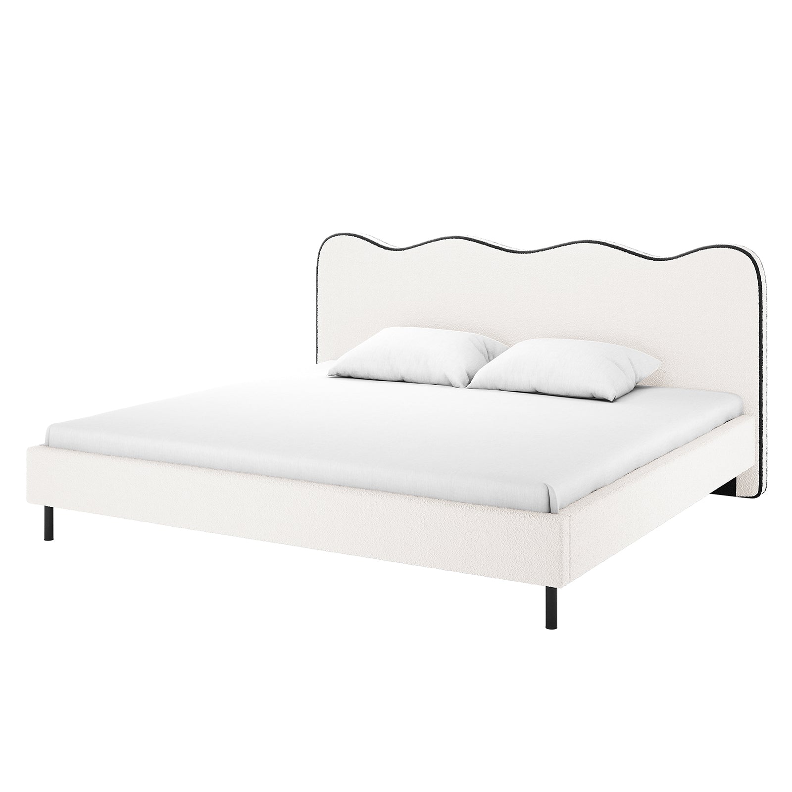 Kaylie King Boucle Fabric Bed Frame in White & Black, showcasing a scalloped upholstered headboard, sleek black metal legs, and a minimalist design with a white mattress and pillows for a modern aesthetic.