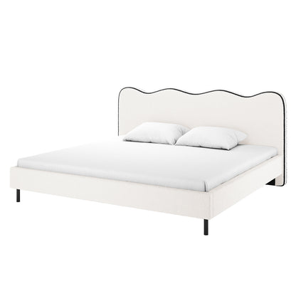 Kaylie King Boucle Fabric Bed Frame in White & Black, showcasing a scalloped upholstered headboard, sleek black metal legs, and a minimalist design with a white mattress and pillows for a modern aesthetic.