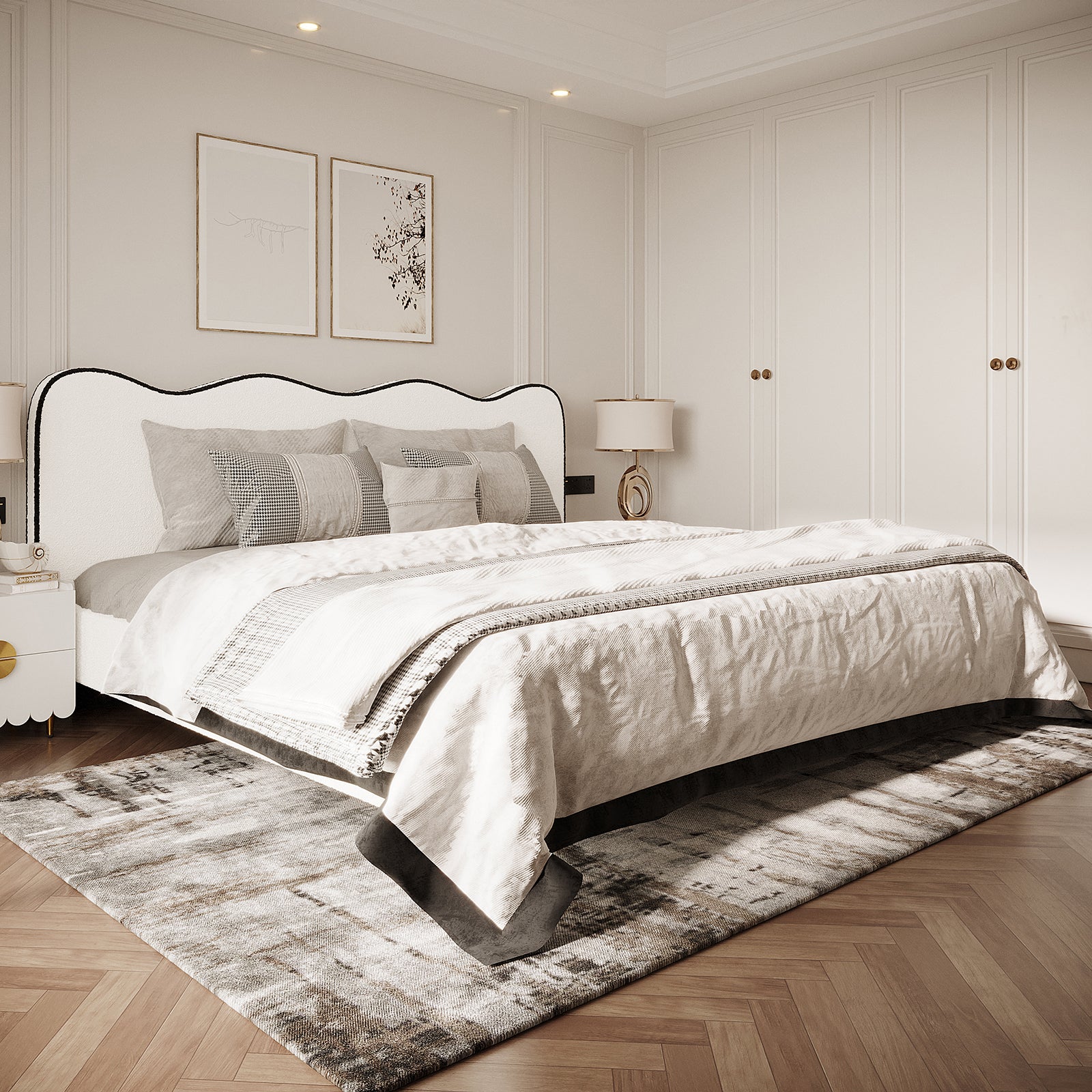 Kaylie King Boucle Fabric Bed Frame in White & Black with a scalloped headboard, set in a minimalist bedroom with neutral tones, framed wall prints, and matching bedside tables.