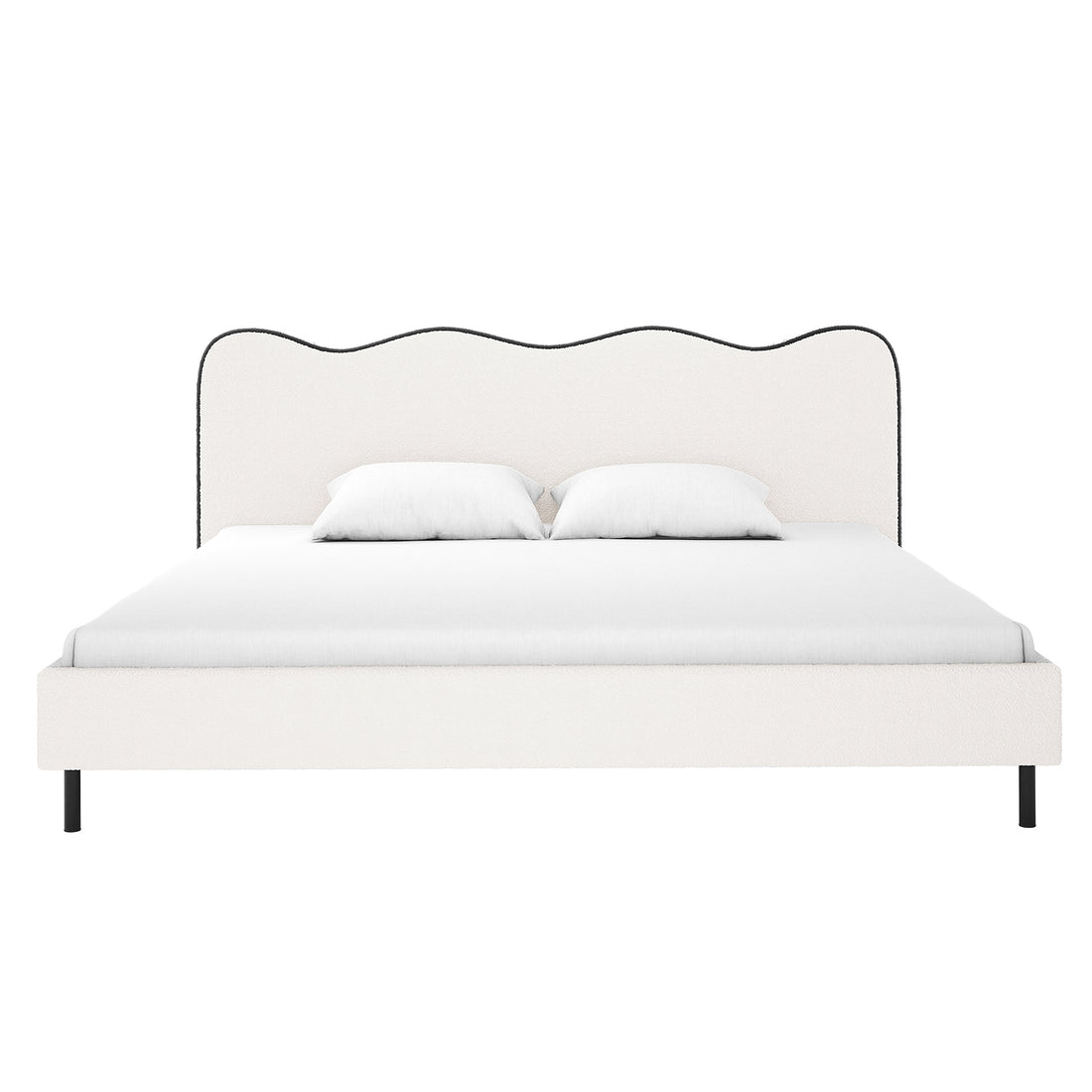 Kaylie King Boucle Fabric Bed Frame in White & Black features a scalloped headboard with dark piping, upholstered in off-white fabric, on slim dark legs, dressed with a white mattress cover and pillows.