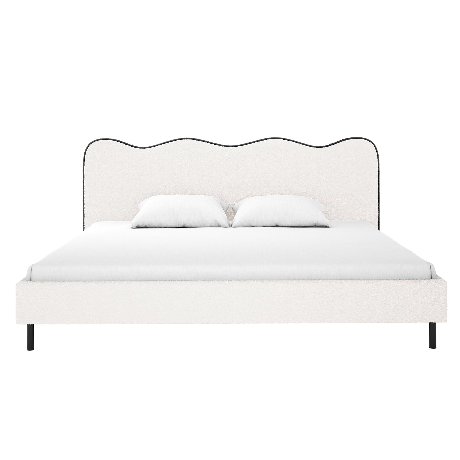 Kaylie King Boucle Fabric Bed Frame in White & Black features a scalloped headboard with dark piping, upholstered in off-white fabric, on slim dark legs, dressed with a white mattress cover and pillows.
