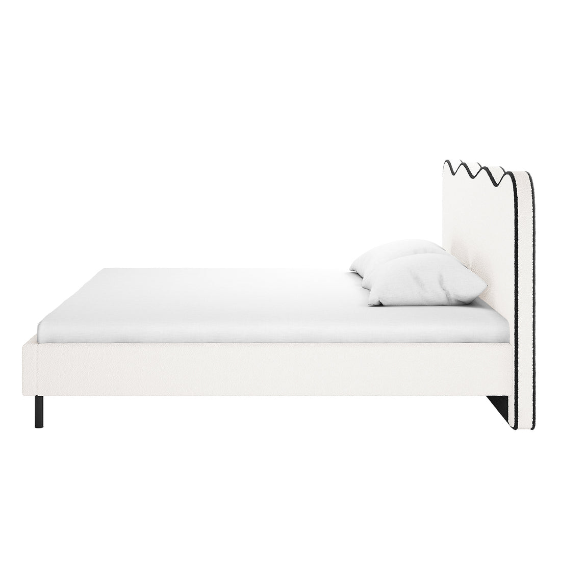 Kaylie King Boucle Fabric Bed Frame in White & Black features an off-white bouclé headboard, matching pillows, and sleek black legs, offering a minimalist yet luxurious design for spacious bedrooms.