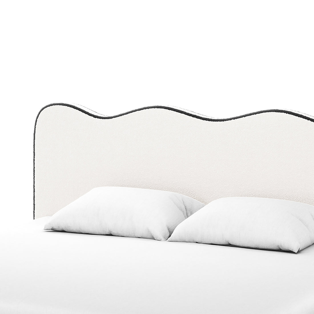 Kaylie King Boucle Fabric Bed Frame in White & Black features a wave-shaped upholstered headboard with dark piping, complemented by two white pillows and a bedcover, showcasing a minimalist and modern bedding setup.