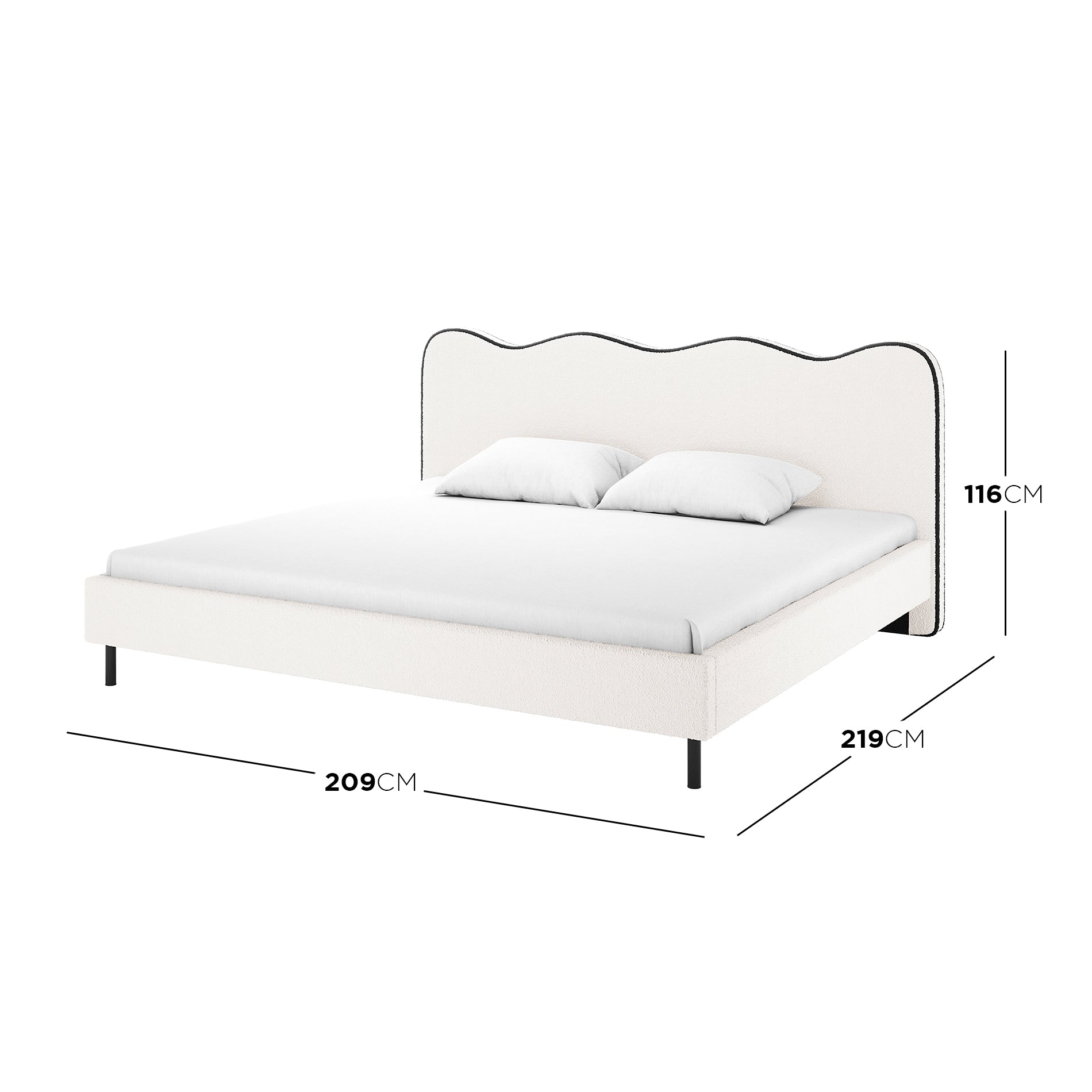 Kaylie King Boucle Fabric Bed Frame in White & Black features a wavy headboard, slender black metal legs, and a low-profile design. The overall dimensions are 209cm wide by 219cm long.