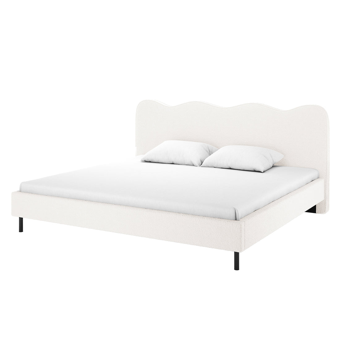 Kaylie King Boucle Fabric Bed Frame in Cream White features a scalloped upholstered headboard, matching rails, slim black metal legs, and a white mattress cover with two pillows, emphasizing minimalist luxury.