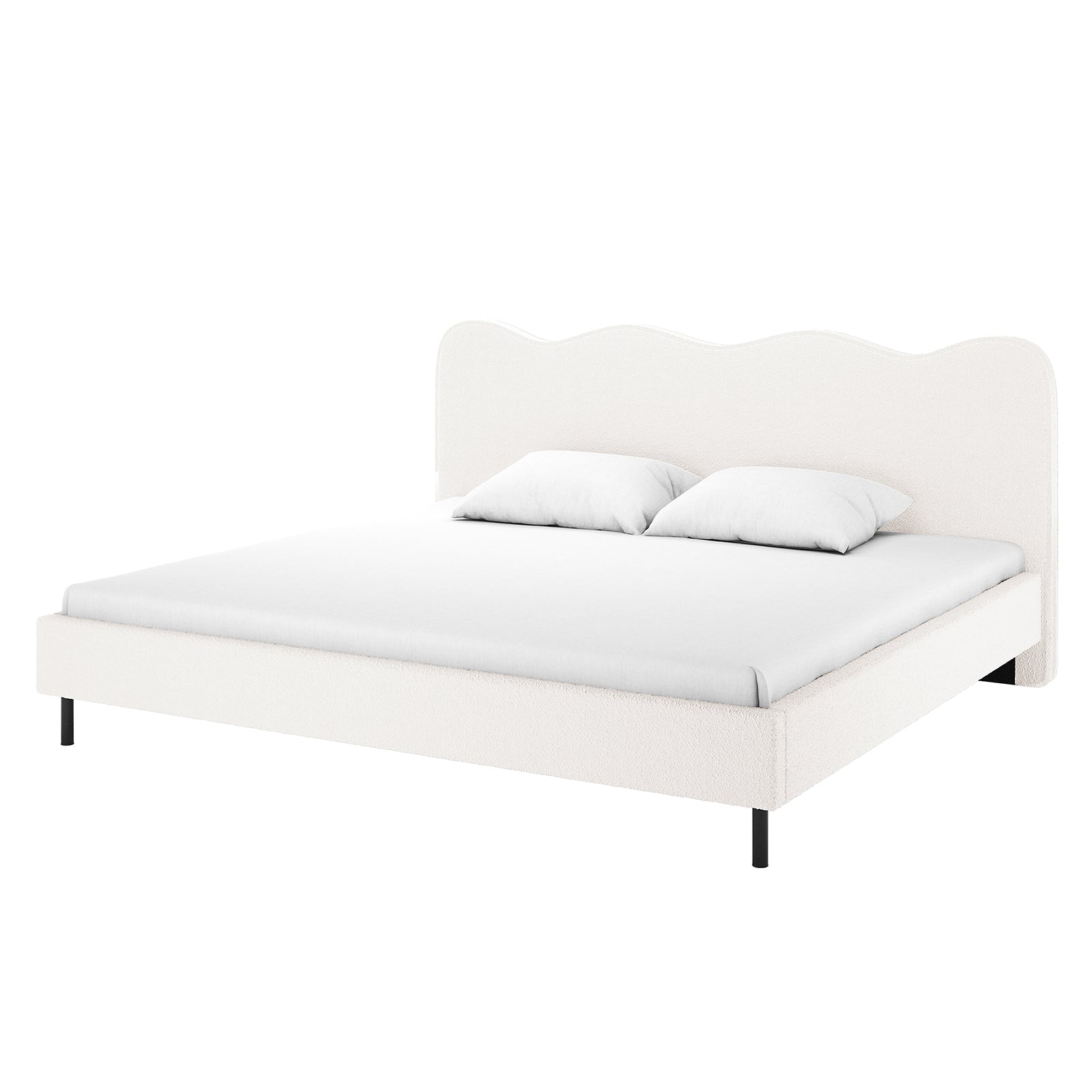 Kaylie King Boucle Fabric Bed Frame in Cream White features a scalloped upholstered headboard, matching rails, slim black metal legs, and a white mattress cover with two pillows, emphasizing minimalist luxury.