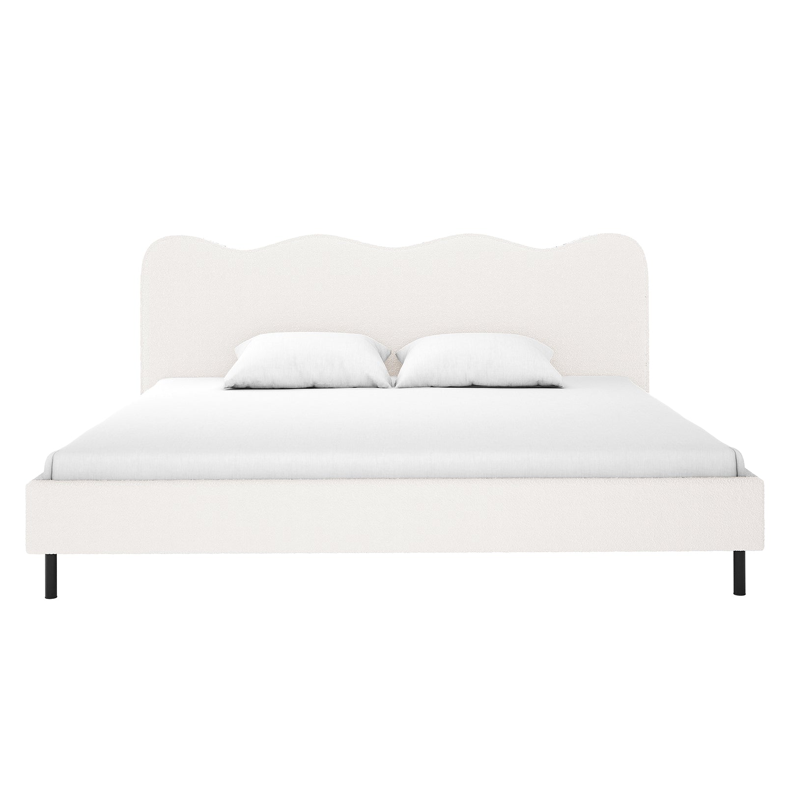 Kaylie King Boucle Fabric Bed Frame in Cream White features a modern, low-profile design with a white upholstered platform, softly scalloped headboard, and two white pillows, emphasizing luxury and minimalist aesthetics.