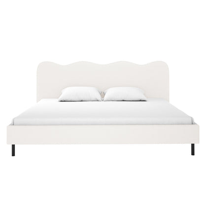 Kaylie King Boucle Fabric Bed Frame in Cream White features a modern, low-profile design with a white upholstered platform, softly scalloped headboard, and two white pillows, emphasizing luxury and minimalist aesthetics.