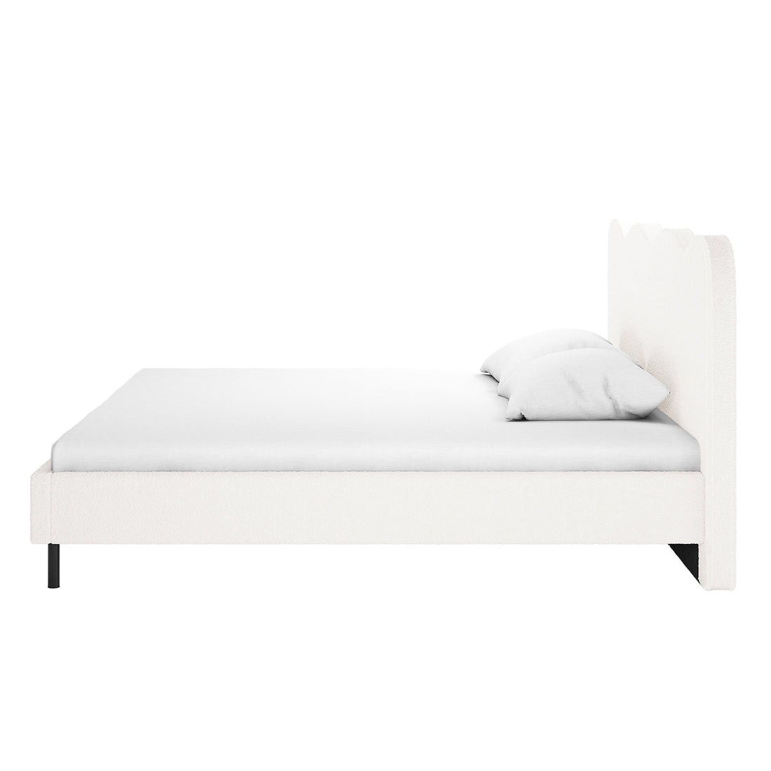 Kaylie King Boucle Fabric Bed Frame in Cream White features a modern platform with a tall, scalloped headboard, white upholstery, and sleek black legs, offering a minimalist, elegant design.