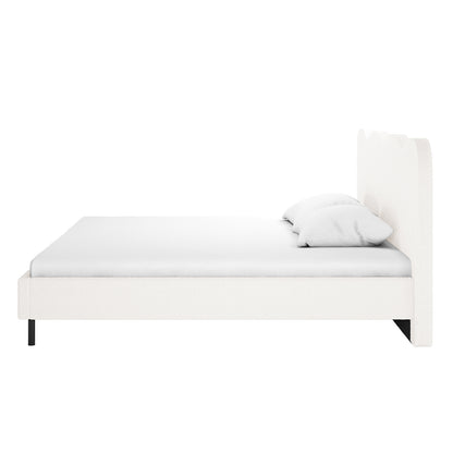 Kaylie King Boucle Fabric Bed Frame in Cream White features a modern platform with a tall, scalloped headboard, white upholstery, and sleek black legs, offering a minimalist, elegant design.