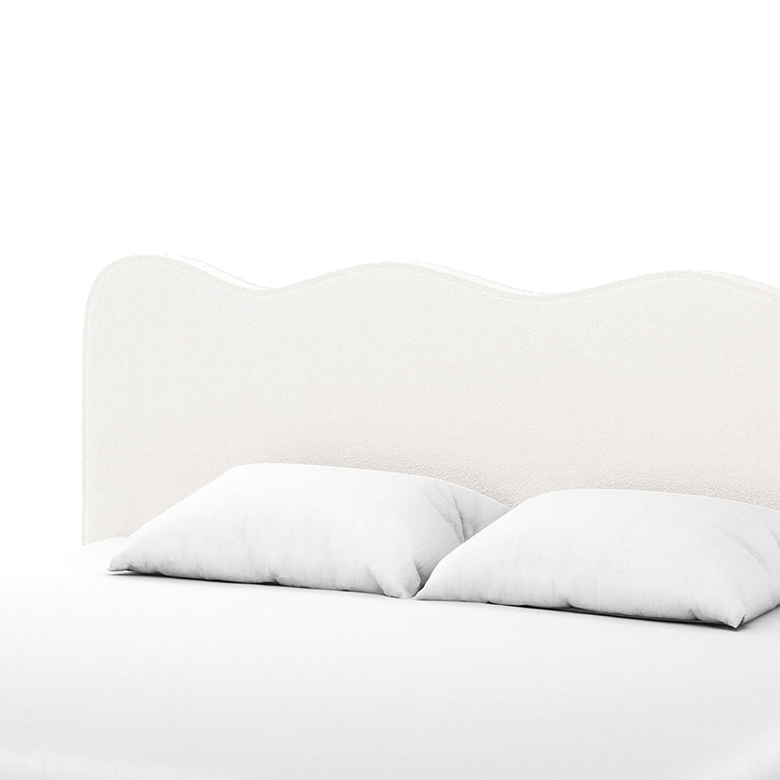 Kaylie King Boucle Fabric Bed Frame in Cream White features a scalloped upholstered headboard and white linens, highlighting its luxurious boucle texture and minimalist design.