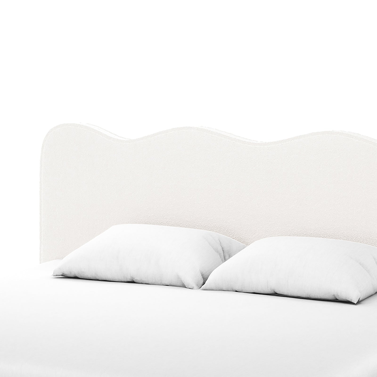 Kaylie King Boucle Fabric Bed Frame in Cream White features a scalloped upholstered headboard and white linens, highlighting its luxurious boucle texture and minimalist design.