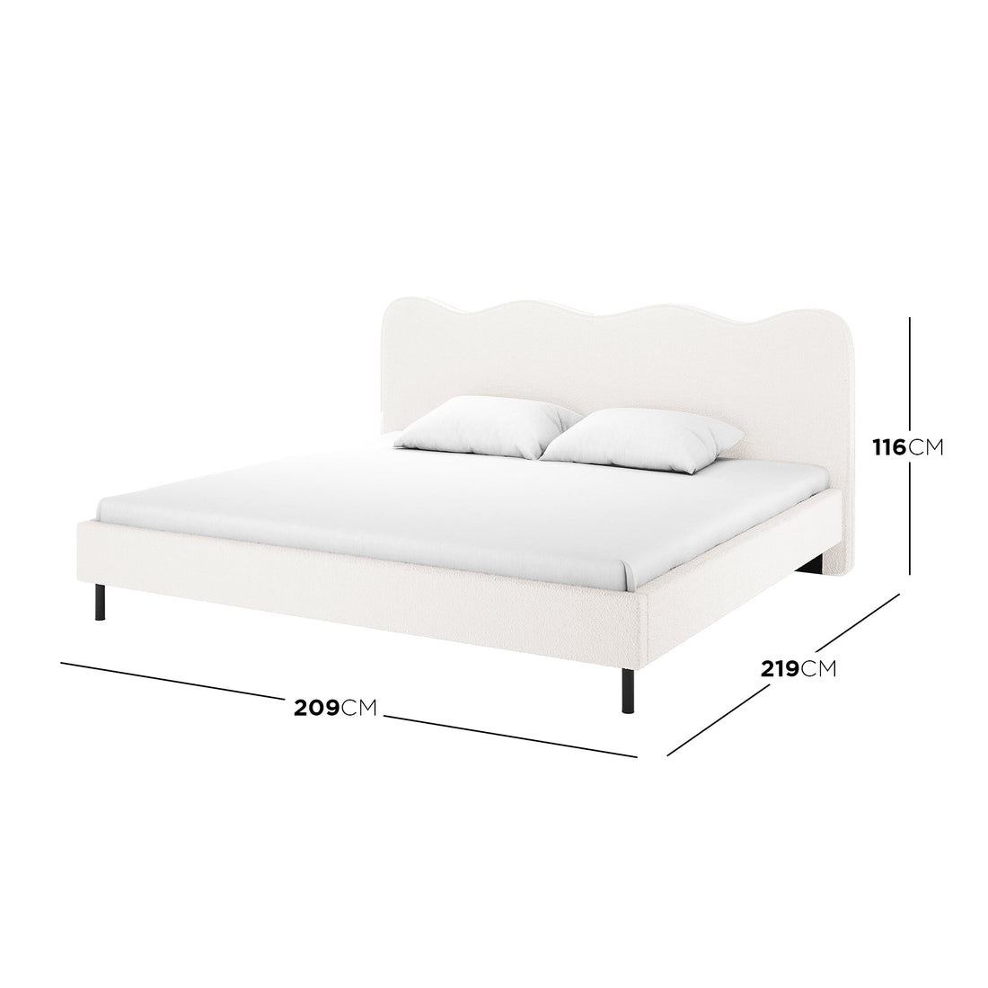 Kaylie King Boucle Fabric Bed Frame in Cream White features a wavy headboard, low platform, cylindrical black legs, and includes dimension lines showing its 209x219cm footprint and 116cm height.