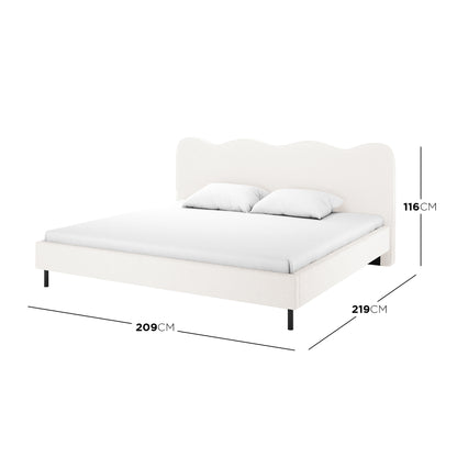 Kaylie King Boucle Fabric Bed Frame in Cream White features a wavy headboard, low platform, cylindrical black legs, and includes dimension lines showing its 209x219cm footprint and 116cm height.