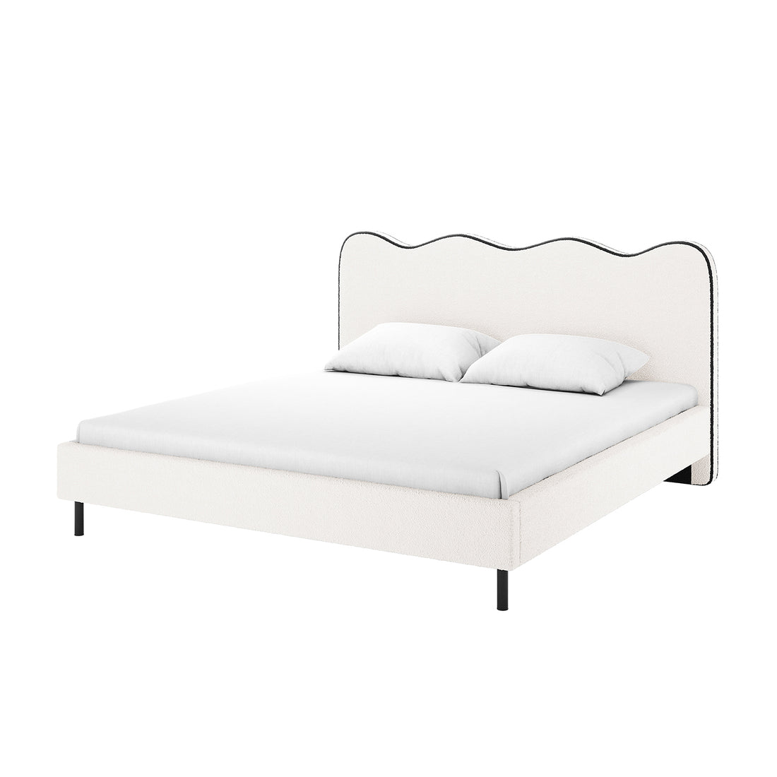 Kaylie Queen Boucle Bed Frame in White & Black: modern upholstered bed with a scalloped headboard, white fitted sheet, and pillows. Black metal legs add sleek support and elegance.