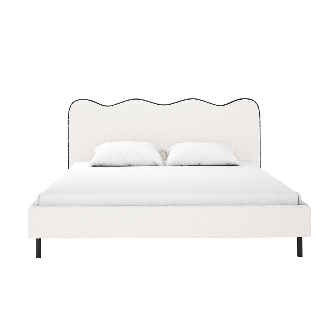 Kaylie Queen Boucle Fabric Bed Frame in White & Black features a wave-shaped headboard in off-white boucle with black trim, white bedding, and black metal legs for a modern, elegant look.