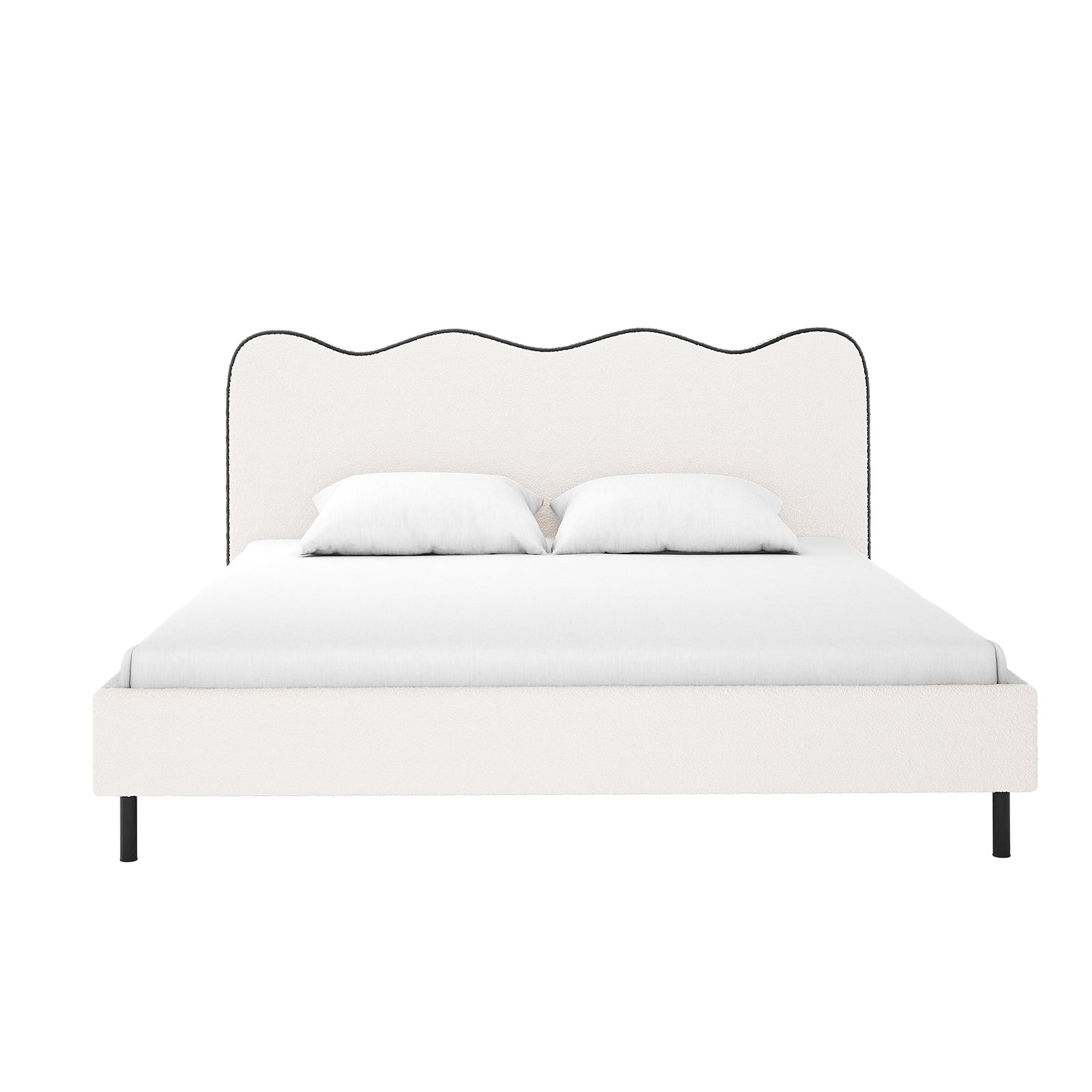 Kaylie Queen Boucle Fabric Bed Frame in White & Black features a wave-shaped headboard in off-white boucle with black trim, white bedding, and black metal legs for a modern, elegant look.