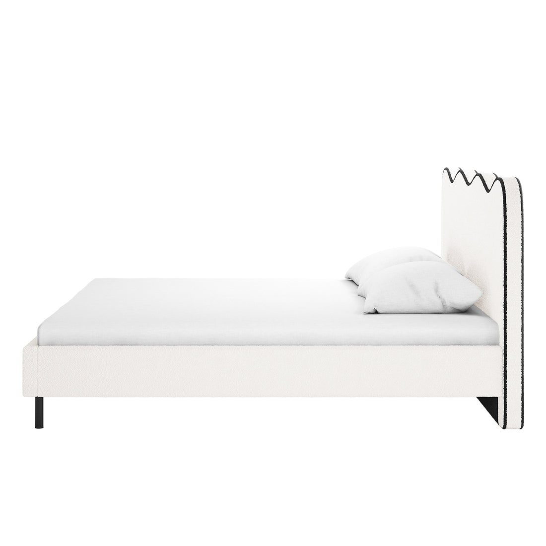 Kaylie Queen Boucle Fabric Bed Frame in White & Black features a minimalist design with a low-profile white upholstered frame and headboard, accented by black trim, on slim black metal legs.