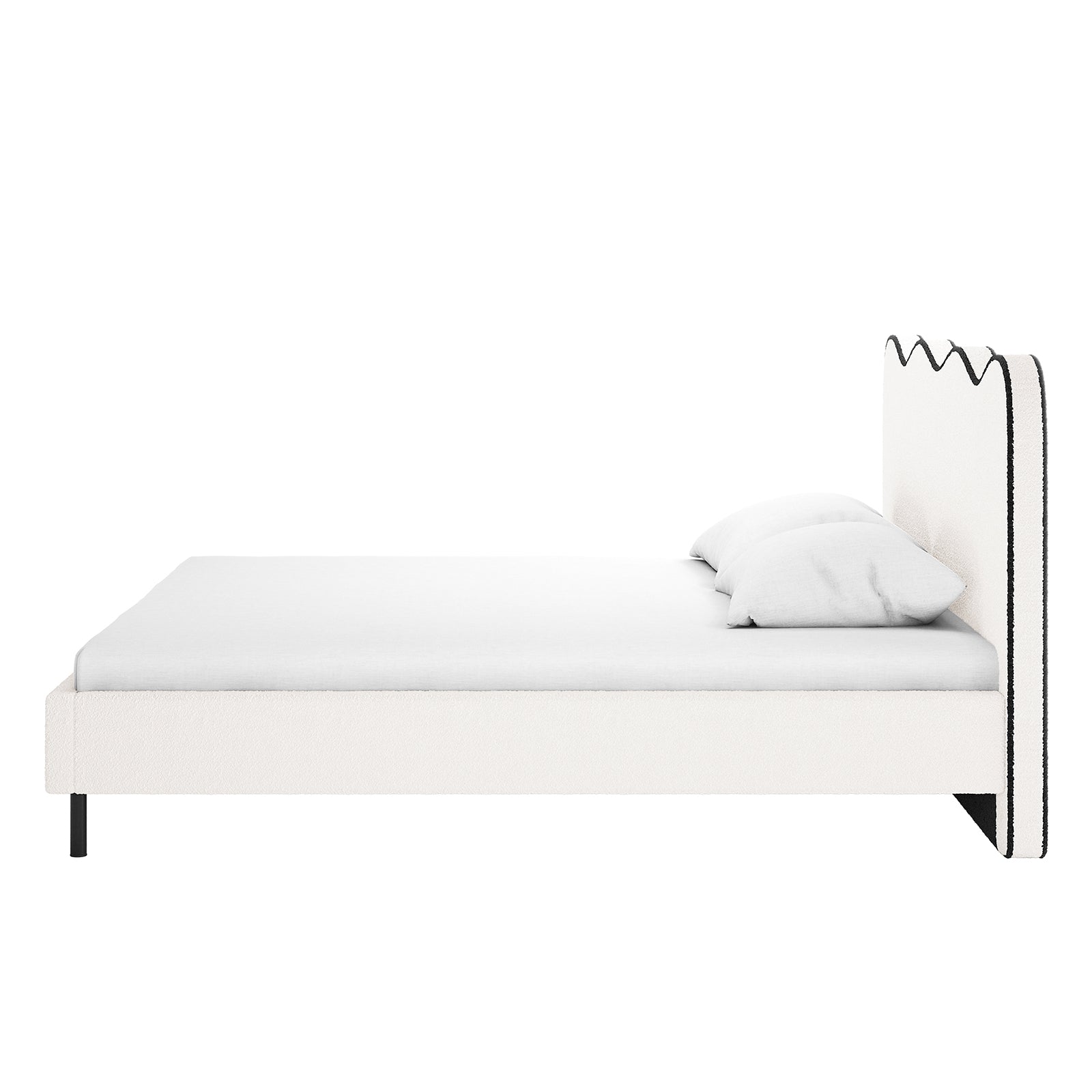 Kaylie Queen Boucle Fabric Bed Frame in White & Black features a minimalist design with a low-profile white upholstered frame and headboard, accented by black trim, on slim black metal legs.