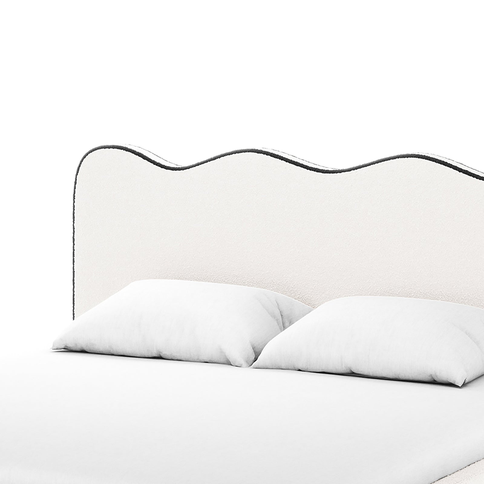 Kaylie Queen Boucle Fabric Bed Frame in White & Black features a wavy upholstered headboard with contrasting trim, white bedding, and pillows, creating a minimal, monochromatic aesthetic against a plain background.